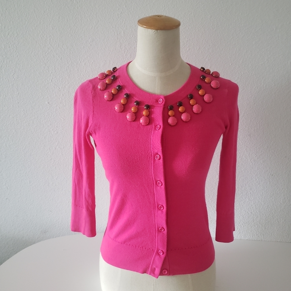 KATE SPADE NEW YORK RIO EMBELLISHED 3/4 SLEEVE CARDIGAN IN RIOPINK
